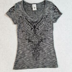 Vocal Gray Rhinestone Angel Wings Fleur De Lis V-Neck Top Y2K Gothic Grunge M